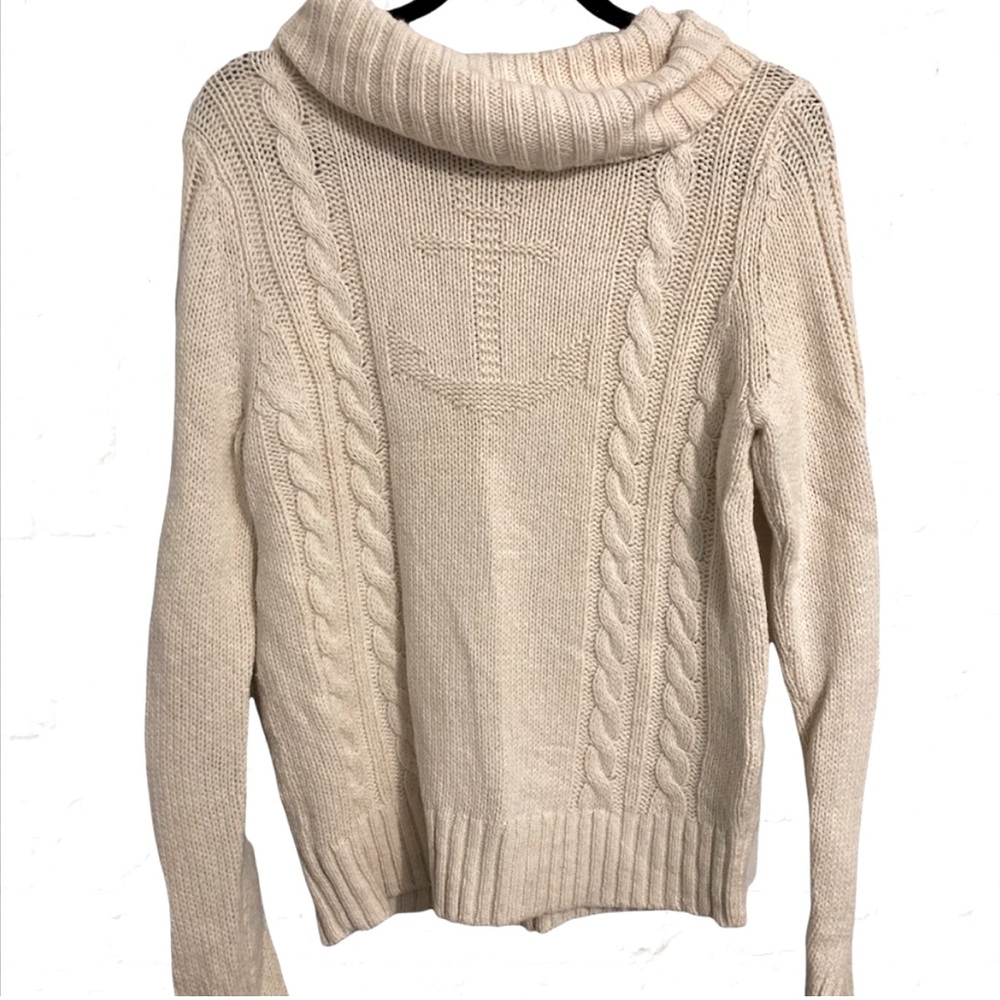 Land’s End Wool Blend Fisherman Knit Sweater Anchor Cowl Neck Oversized Small